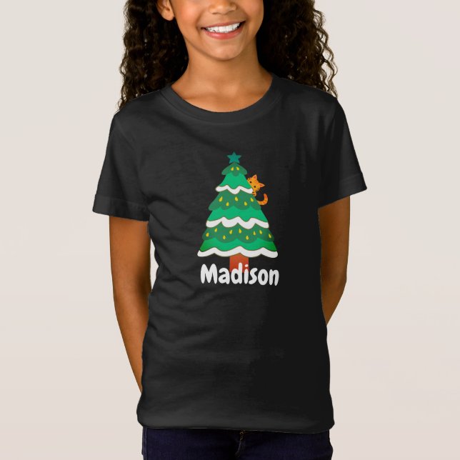 Funny Niedlich Christmas Tree Katze Personalisiert T-Shirt (Vorderseite)