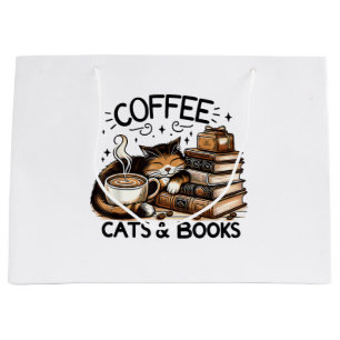 Funny Niedlich Coffee Cats Bücher Lover Gift Idee  Große Geschenktüte