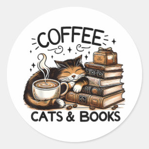 Funny Niedlich Coffee Cats Bücher Lover Gift Idee  Runder Aufkleber
