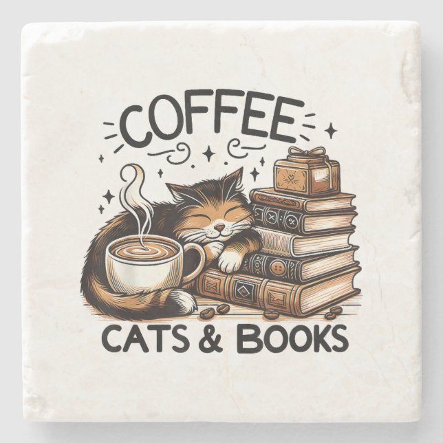 Funny Niedlich Coffee Cats Bücher Lover Gift Idee  Steinuntersetzer (Vorderseite)