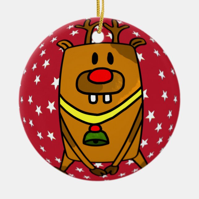 Funny Niedlich Deer Red Nose Stars Weihnachten Keramik Ornament (Vorne)