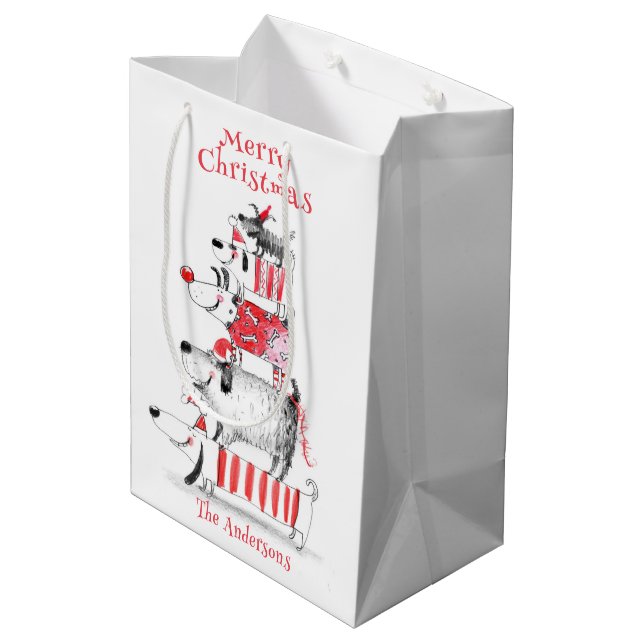 Funny Niedlich Festive Hunde Frohe Weihnachten Mittlere Geschenktüte (Rückseite Schrägansicht)