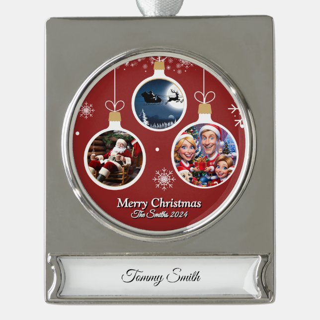 Funny, Niedlich, Modernes Foto Weihnachten Banner-Ornament Silber (Vorderseite)