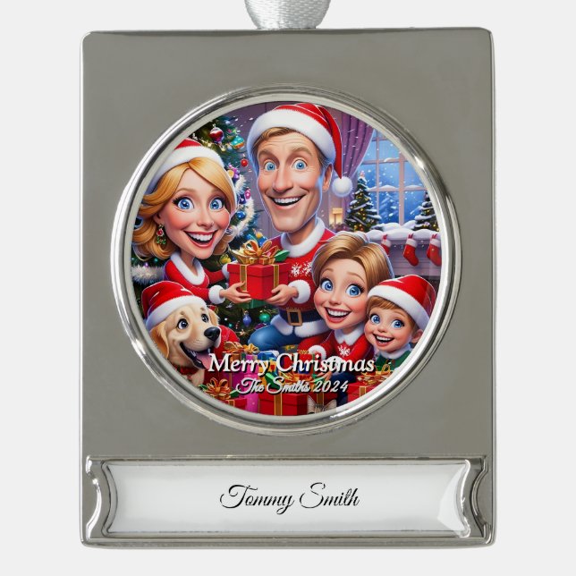 Funny, Niedlich, Modernes Foto Weihnachten Banner-Ornament Silber (Vorderseite)