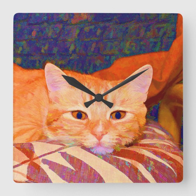 Funny Niedlich Orange Tabby Cat Quadratische Wanduhr (Vorderseite)