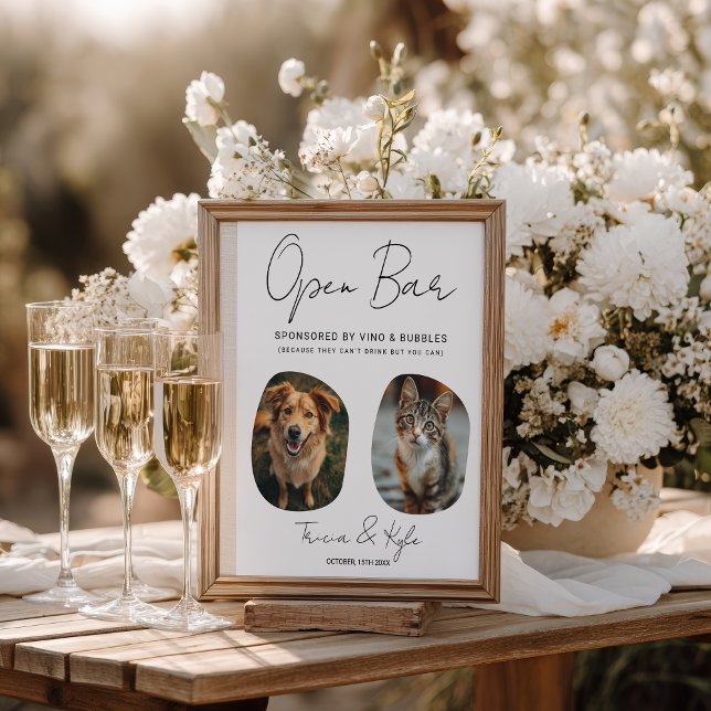 Funny Niedlich Pet Foto Open Bar Menu Hochzeitszei Poster (Funny Cute Pet Photo Open Bar Menu Wedding Sign)