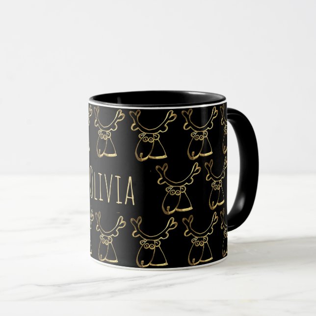 Funny Niedlich Rentier Pattern Schwarze Imitate Go Tasse (VorderseiteRechts)