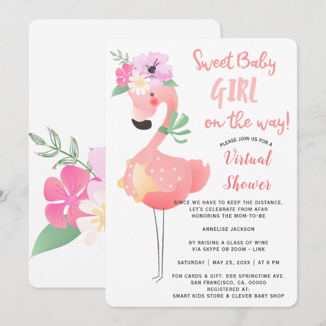 Funny niedlich rosa Flamingo Baby Dusche virtuelle Einladung (Vorne/Hinten)