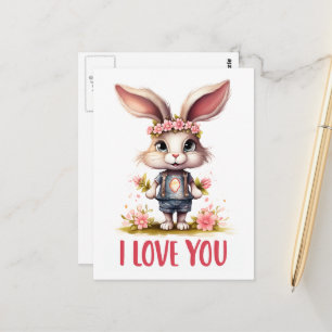 Funny Niedlich Valentine Rabbit Pink I Liebe Sie Postkarte