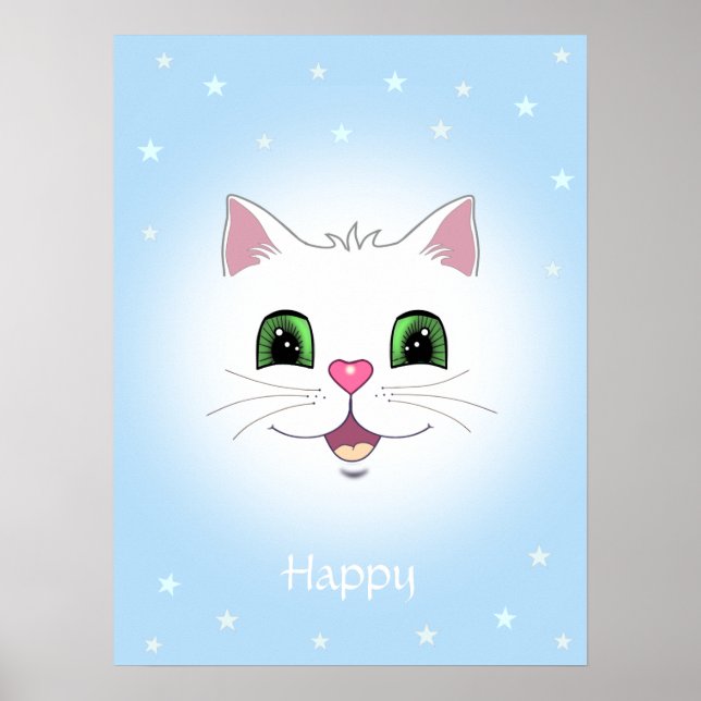 Funny niedlich white cat face on light blue poster (Vorne)