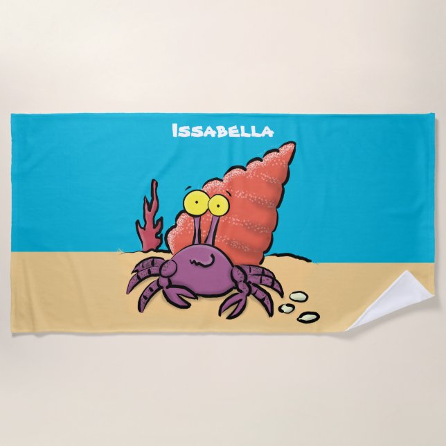 Funny niedlicher lila Cartoon Einsiedlerkrabbe Strandtuch (Vorderseite)