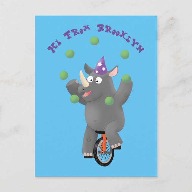 Funny niedlicher Nashorn jonglieren auf Einrad Postkarte (Vorderseite)