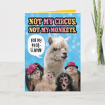 Funny Not my Circus, nicht meine Affen Geburtslama Karte<br><div class="desc">Dieses Lamm ist von Affen umgeben! Die Karte sagt: "Nicht mein Zirkus. Nicht meine Affen." Das Lama ist Sprichwort: "Nicht mein Probllama!" Ein kleines Wortspiel. In der Karte steht: "Es ist dein Zirkus und deine Affen!Herzlichen Glückwunsch zum Geburtstag!</div>