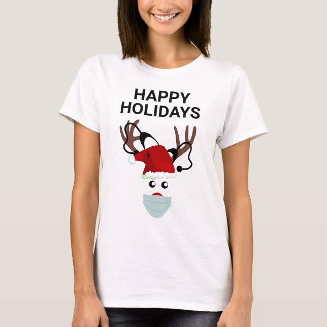 Funny Nurse Christmas Rentier mit Stethoscope T-Shirt (Vorderseite)