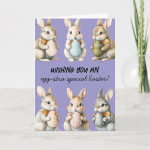 Funny Oaster Bunnies mit farbenfrohen Eiern Karte