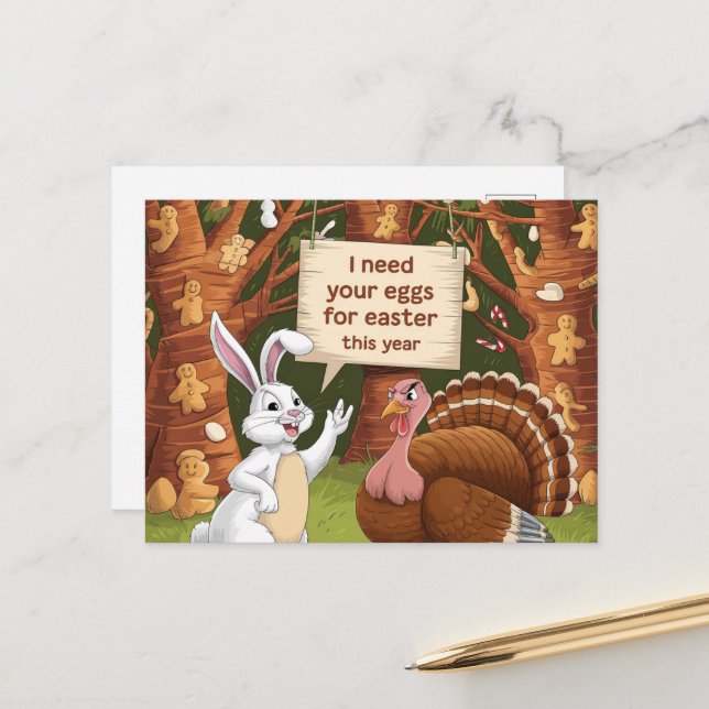 Funny Oaster Bunny Frage Erntedank Türkei Eier Postkarte (Vorderseite/Rückseite Beispiel)