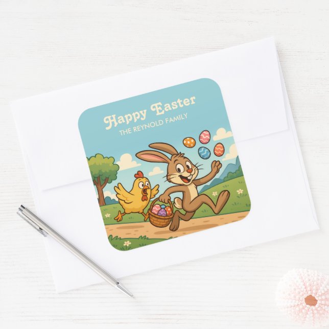 Funny Oaster Cartoon | Bunny Steals Eggs von Hen Quadratischer Aufkleber (Umschlag)