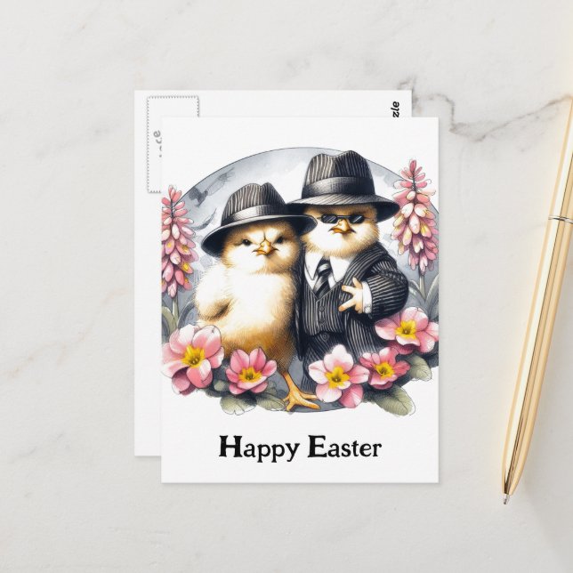 Funny Oaster Chicks Rosa Gelbe Blumen Postkarte (Vorderseite/Rückseite Beispiel)