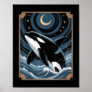 Funny Ocean Orca Whale springen auf einem Tarot Ca Poster