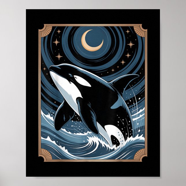 Funny Ocean Orca Whale springen auf einem Tarot Ca Poster (Vorne)