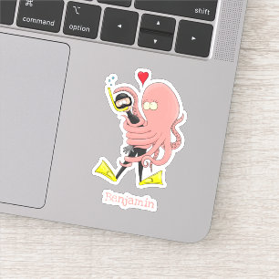 Funny octopus umarmt Taucher Cartoon Spaß Aufkleber