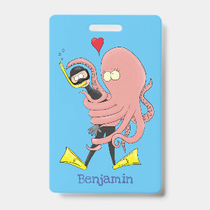 Funny octopus umarmt Taucher Cartoon Spaß Ausweis