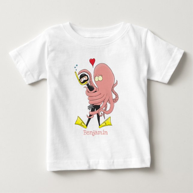 Funny octopus umarmt Taucher Cartoon Spaß Baby T-shirt (Vorderseite)