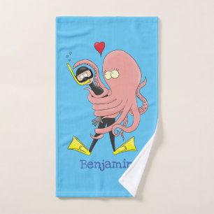 Funny octopus umarmt Taucher Cartoon Spaß Badhandtuch Set
