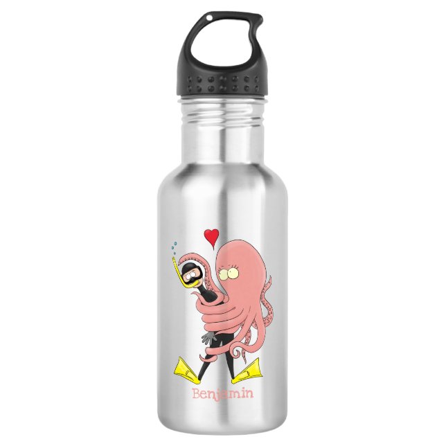 Funny octopus umarmt Taucher Cartoon Spaß Edelstahlflasche (Vorderseite)