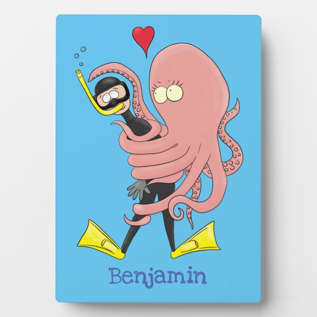 Funny octopus umarmt Taucher Cartoon Spaß Fotoplatte (Vorderseite)