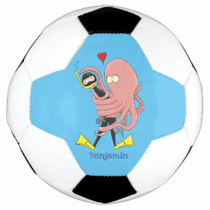 Funny octopus umarmt Taucher Cartoon Spaß Fußball