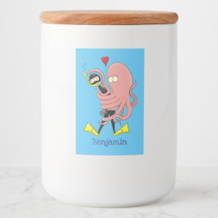 Funny octopus umarmt Taucher Cartoon Spaß Lebensmitteletikett
