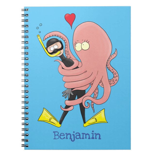 Funny octopus umarmt Taucher Cartoon Spaß Notizblock (Vorderseite)