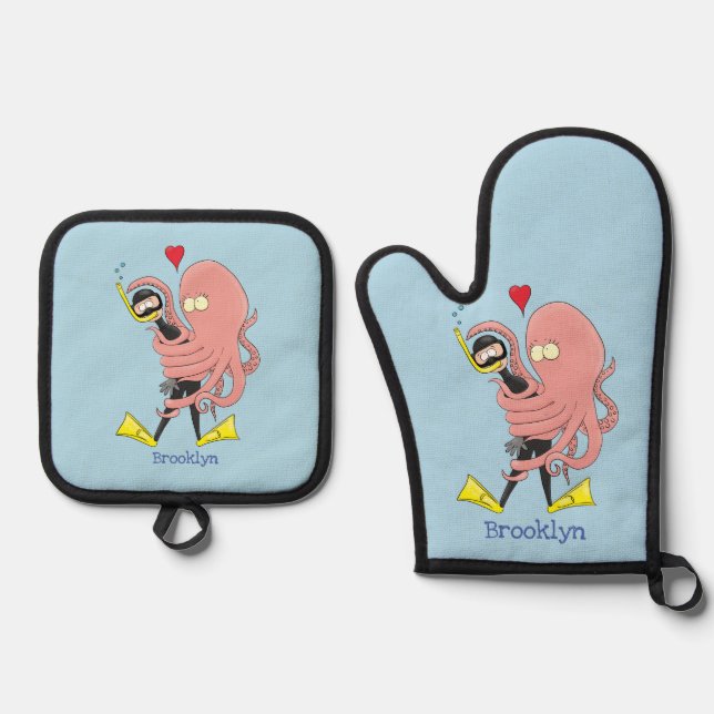 Funny octopus umarmt Taucher Cartoon Spaß Ofenhandschuh & Topflappen-Set (Vorderseite)