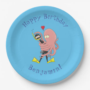 Funny octopus umarmt Taucher Cartoon Spaß Pappteller