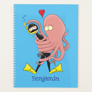 Funny octopus umarmt Taucher Cartoon Spaß Planer
