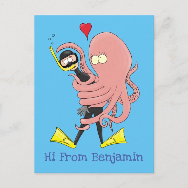 Funny octopus umarmt Taucher Cartoon Spaß Postkarte (Vorderseite)
