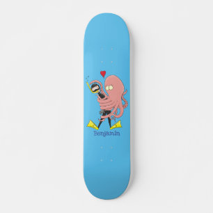 Funny octopus umarmt Taucher Cartoon Spaß Skateboard