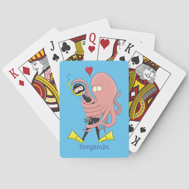 Funny octopus umarmt Taucher Cartoon Spaß Spielkarten (Rückseite)