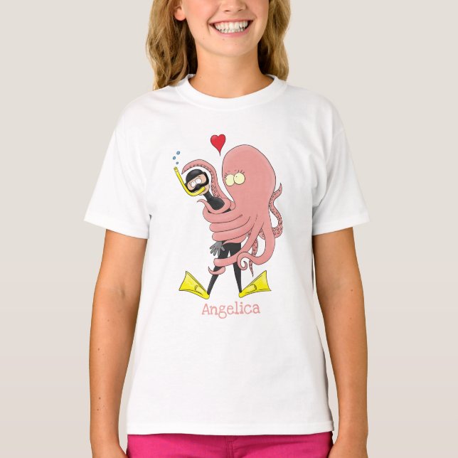 Funny octopus umarmt Taucher Cartoon Spaß T-Shirt (Vorderseite)