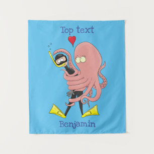 Funny octopus umarmt Taucher Cartoon Spaß Wandteppich