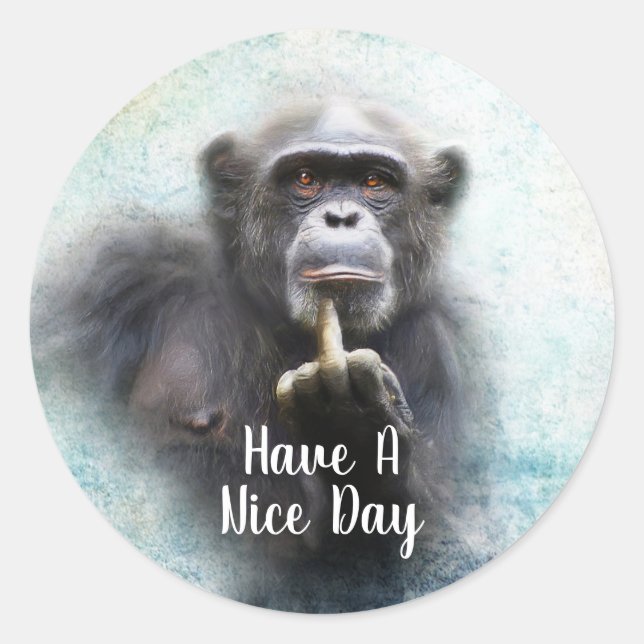 Funny Offensive Chimpanzee Middle Finger Runder Aufkleber (Vorderseite)