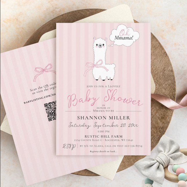 Funny Oh Mama Llama Niedlich Pink Baby Girl Dusche Einladung (Funny Oh Mmama Llama girly farm animal pink bow stripes baby girl QR code modern shower invitation )