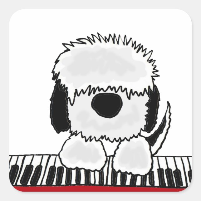 Funny Old English Sheepdog spielt Keyboard Quadratischer Aufkleber (Vorderseite)