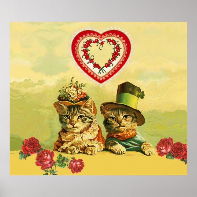 FUNNY OLD FASHION VALENTINSTAG CATS, Hearts, Rose Poster (Vorne)