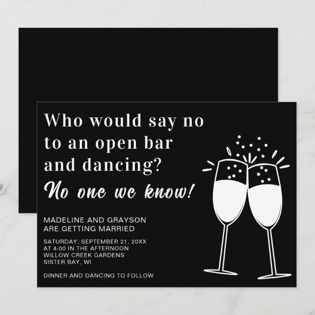 Funny Open Bar Dancing Lässig Hochzeit Einladung (Vorne/Hinten)