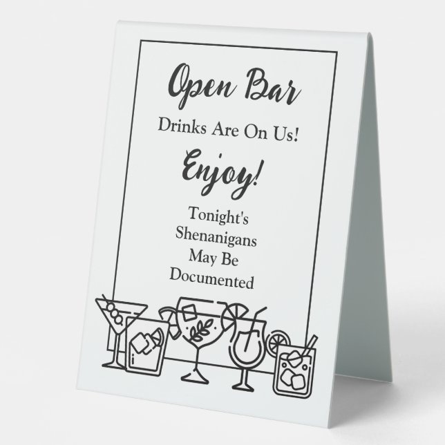 Funny Open Bar Wedding Sign Tischaufsteller (Vorderseite)