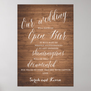 Funny Open Bar Wedding-Zeichen Personalisierte N Poster