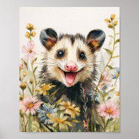 Funny Opossum in Blume - Aquarell