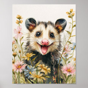 Funny Opossum in Blume - Aquarell Poster